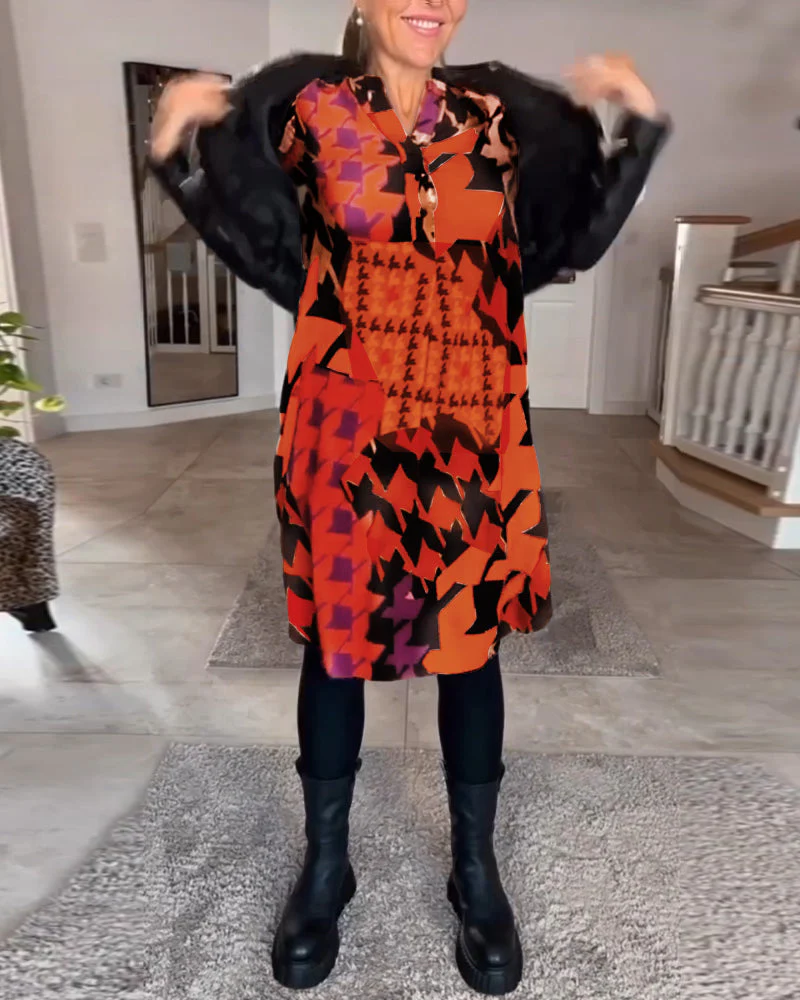 Printed v-neck long sleeve dress - Image 2