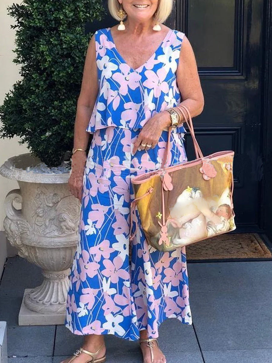 Printed V-Neck Sleeveless Two-Piece Set