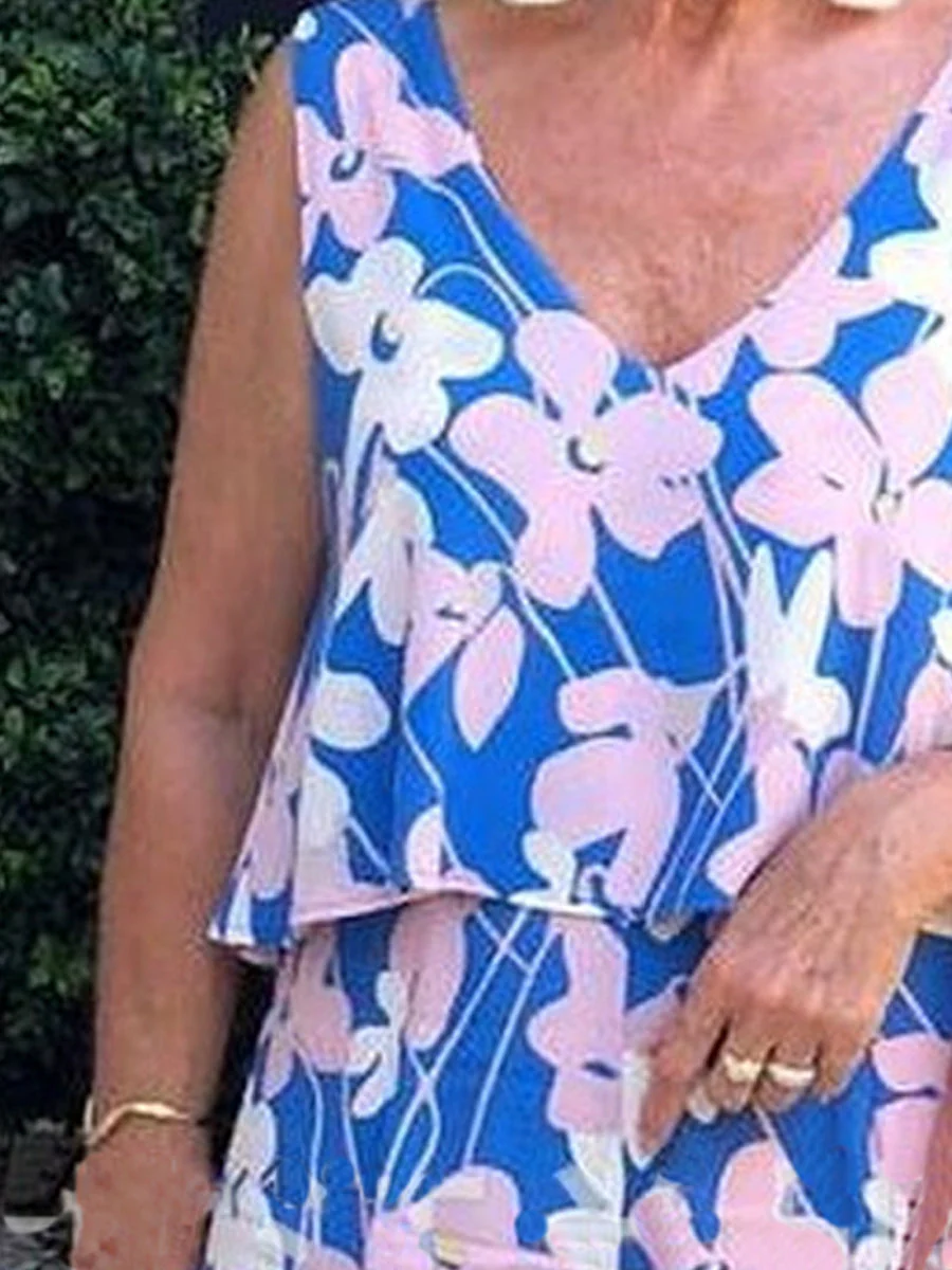 Printed V-Neck Sleeveless Two-Piece Set - Image 4