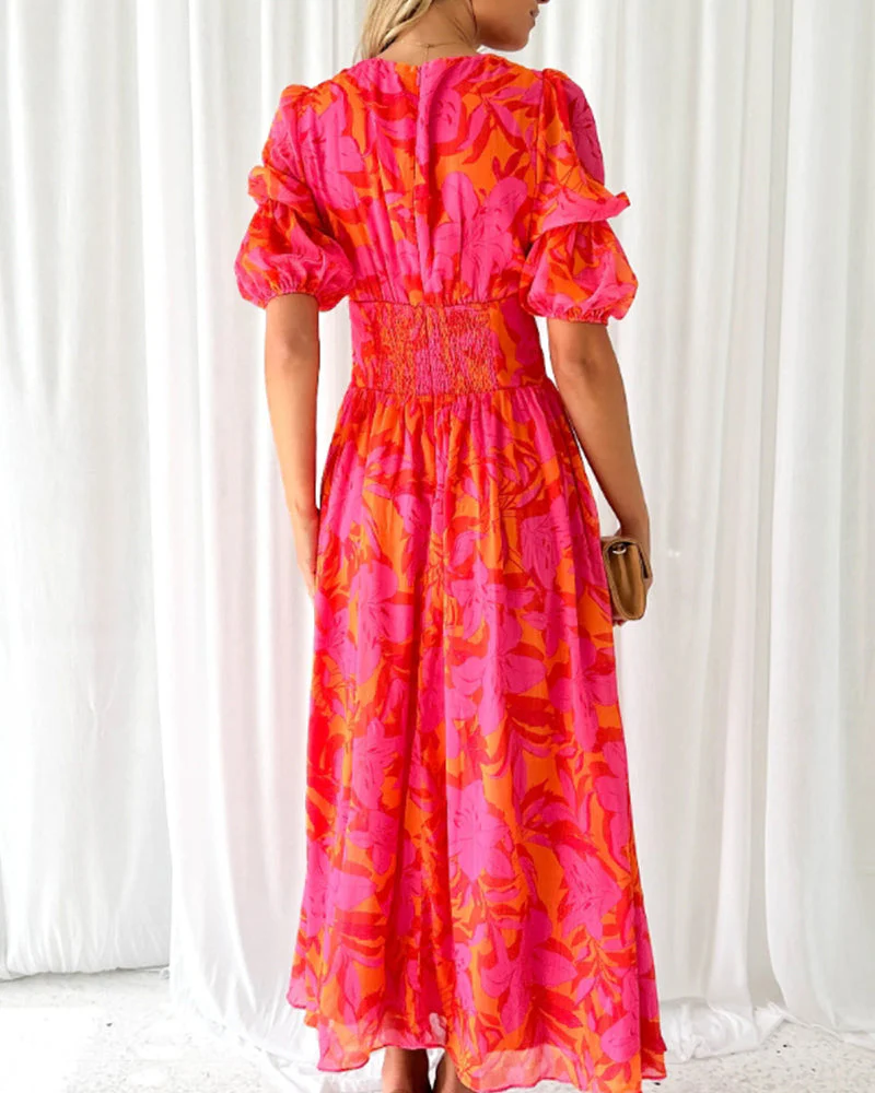 Puff sleeve printed deep V elegant dress - Image 10
