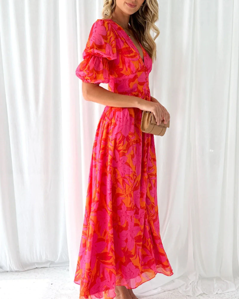 Puff sleeve printed deep V elegant dress - Image 12