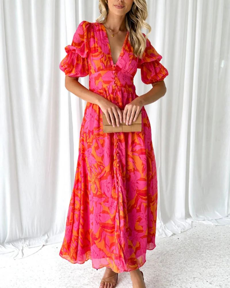 Puff sleeve printed deep V elegant dress - Image 6