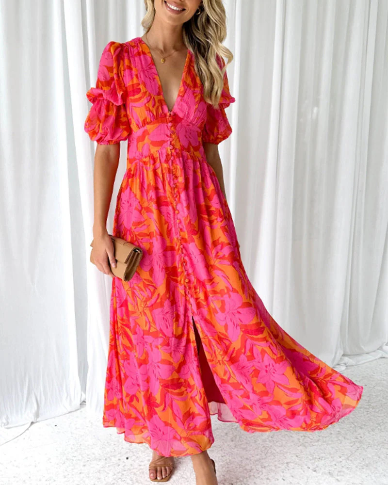 Puff sleeve printed deep V elegant dress - Image 7