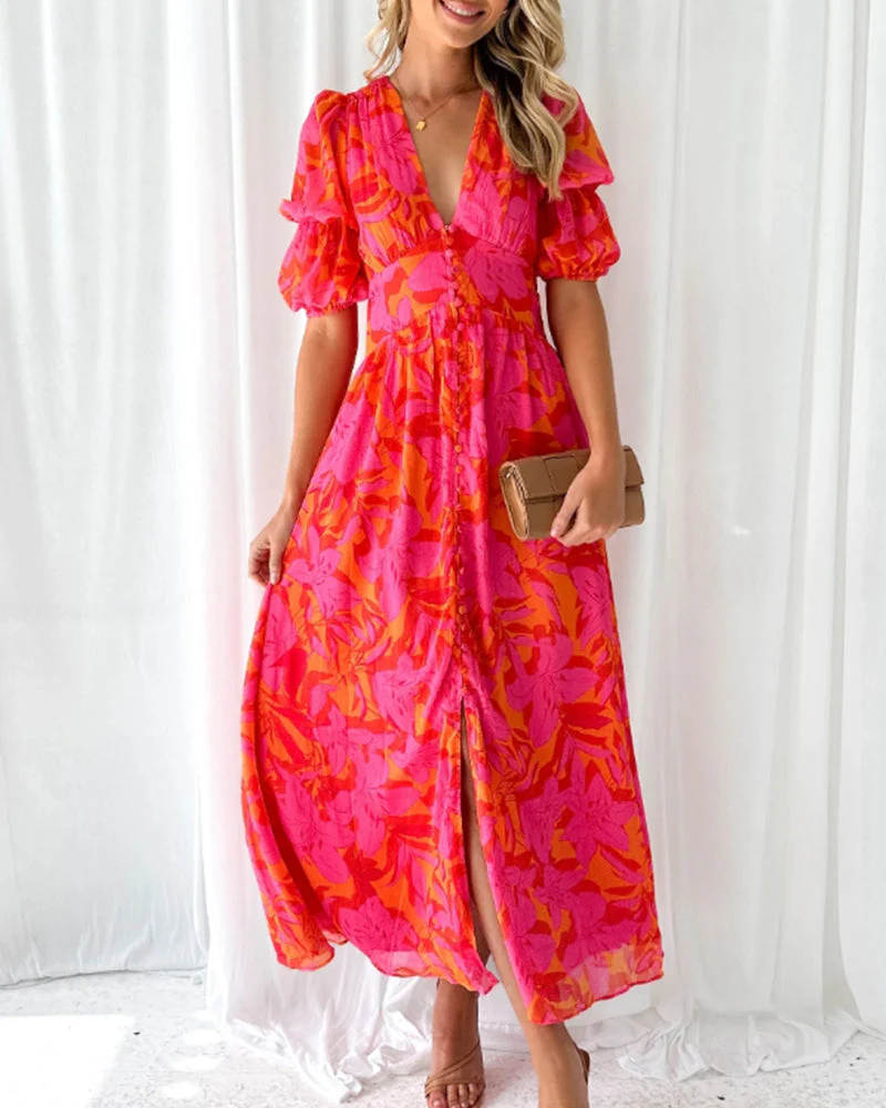 Puff sleeve printed deep V elegant dress - Image 9