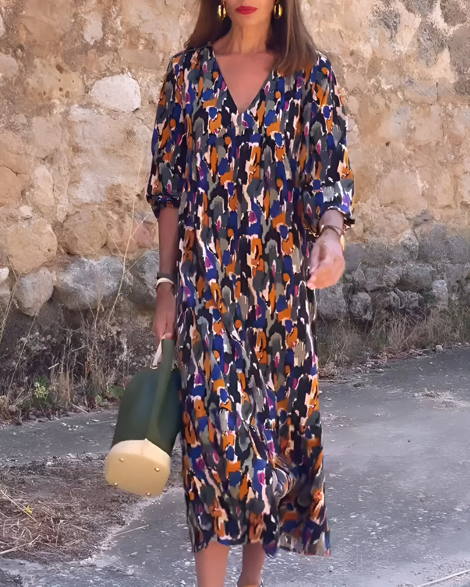 Retro Printed V-Neck Dress - Image 11