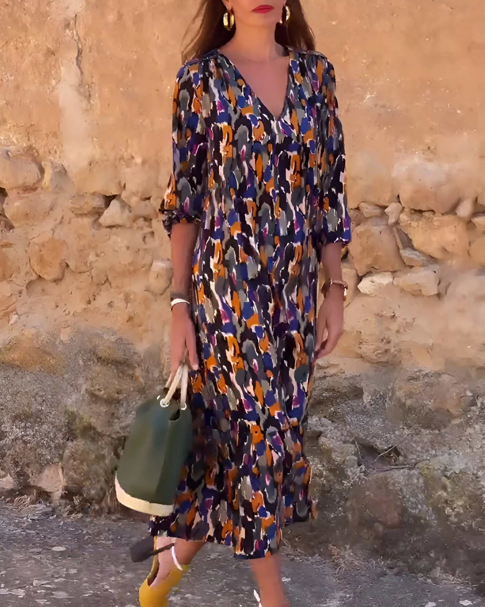 Retro Printed V-Neck Dress - Image 3