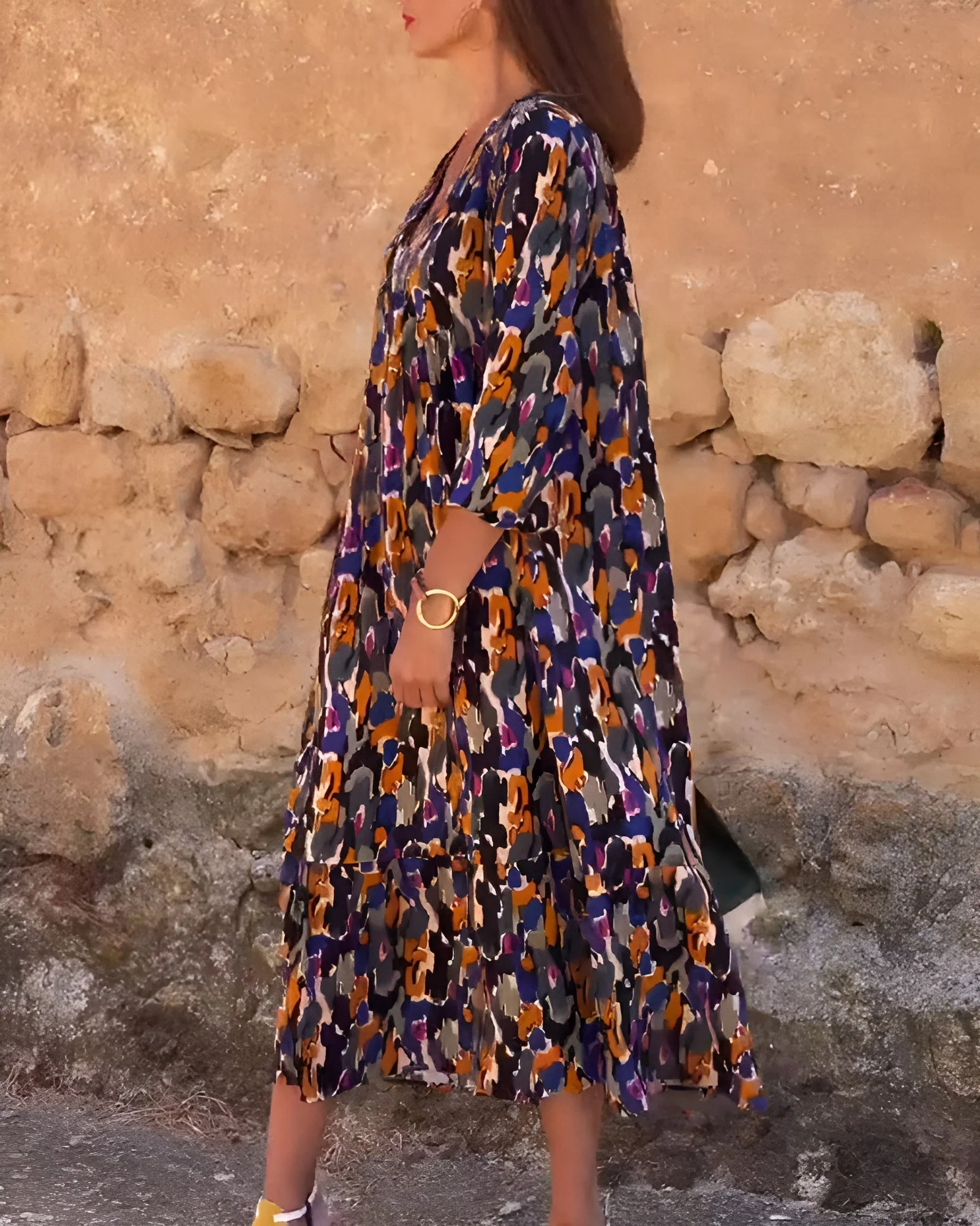 Retro Printed V-Neck Dress - Image 5