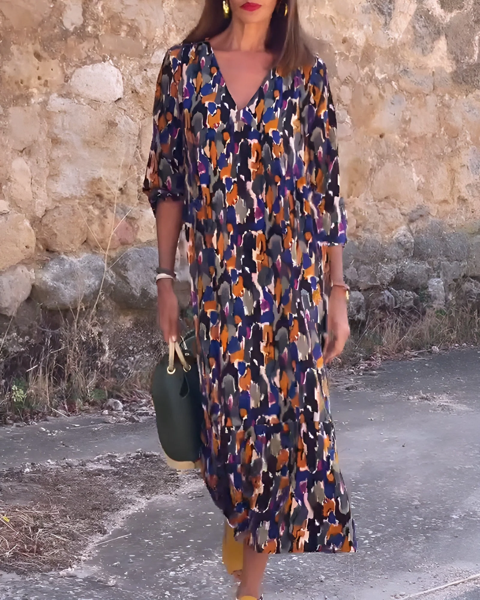 Retro Printed V-Neck Dress - Image 7