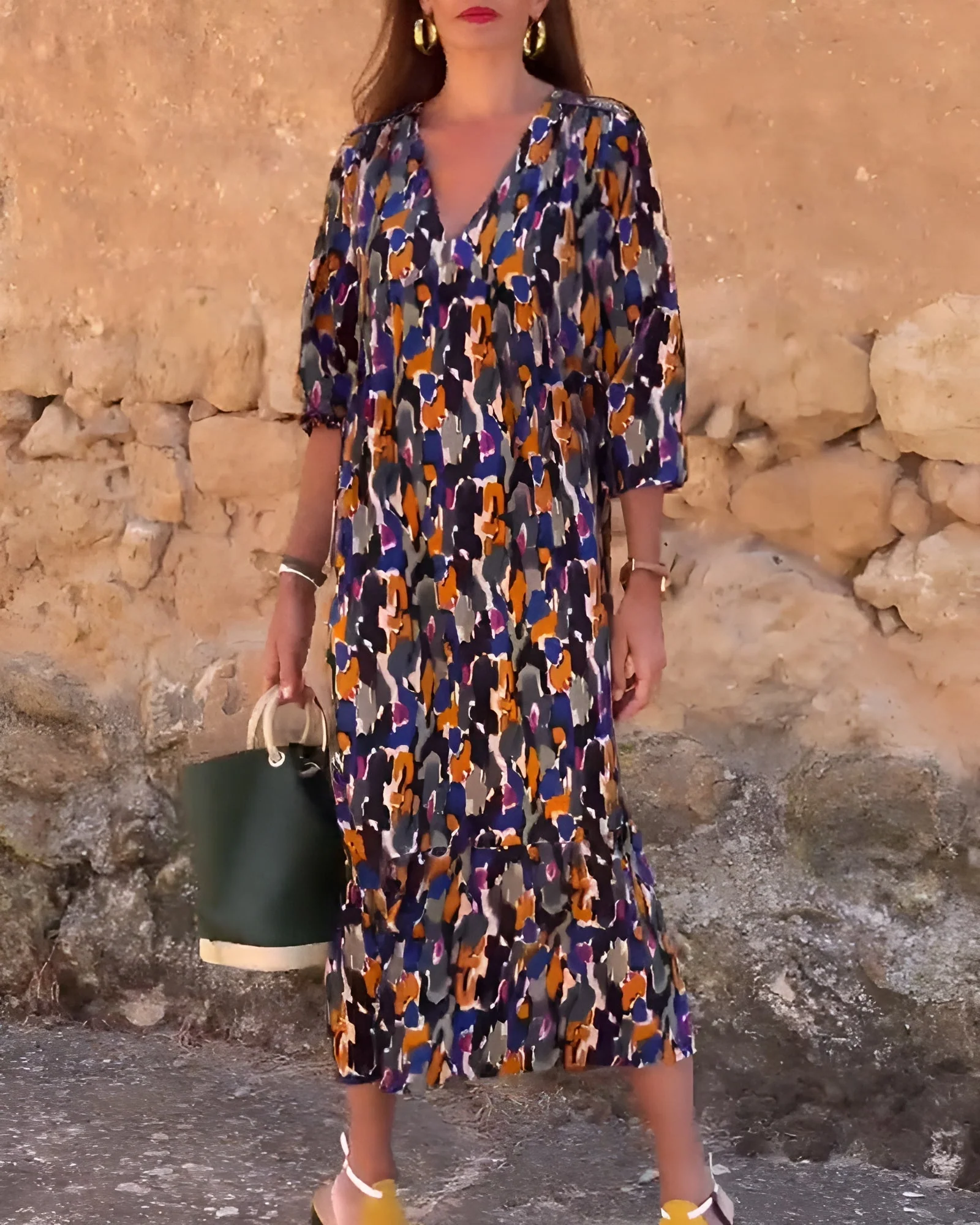 Retro Printed V-Neck Dress - Image 9
