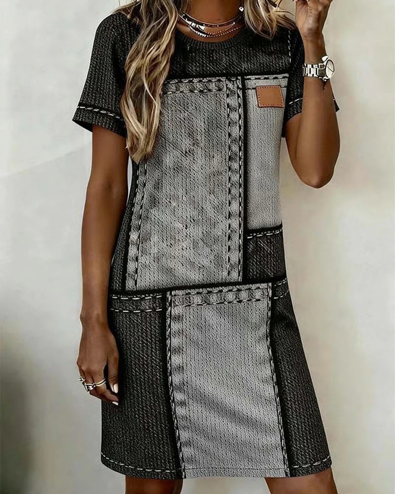 Retro Short-Sleeved Straight Dress - Image 3