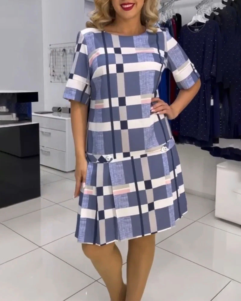 Round Neck Plaid Dress - Image 14