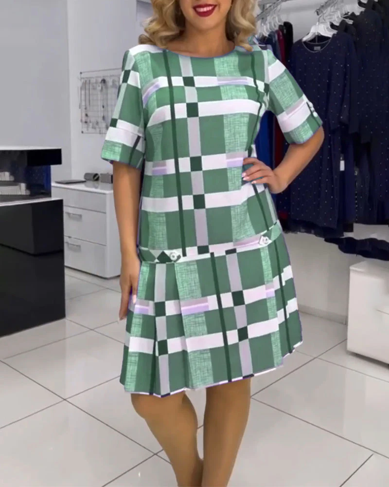 Round Neck Plaid Dress - Image 25