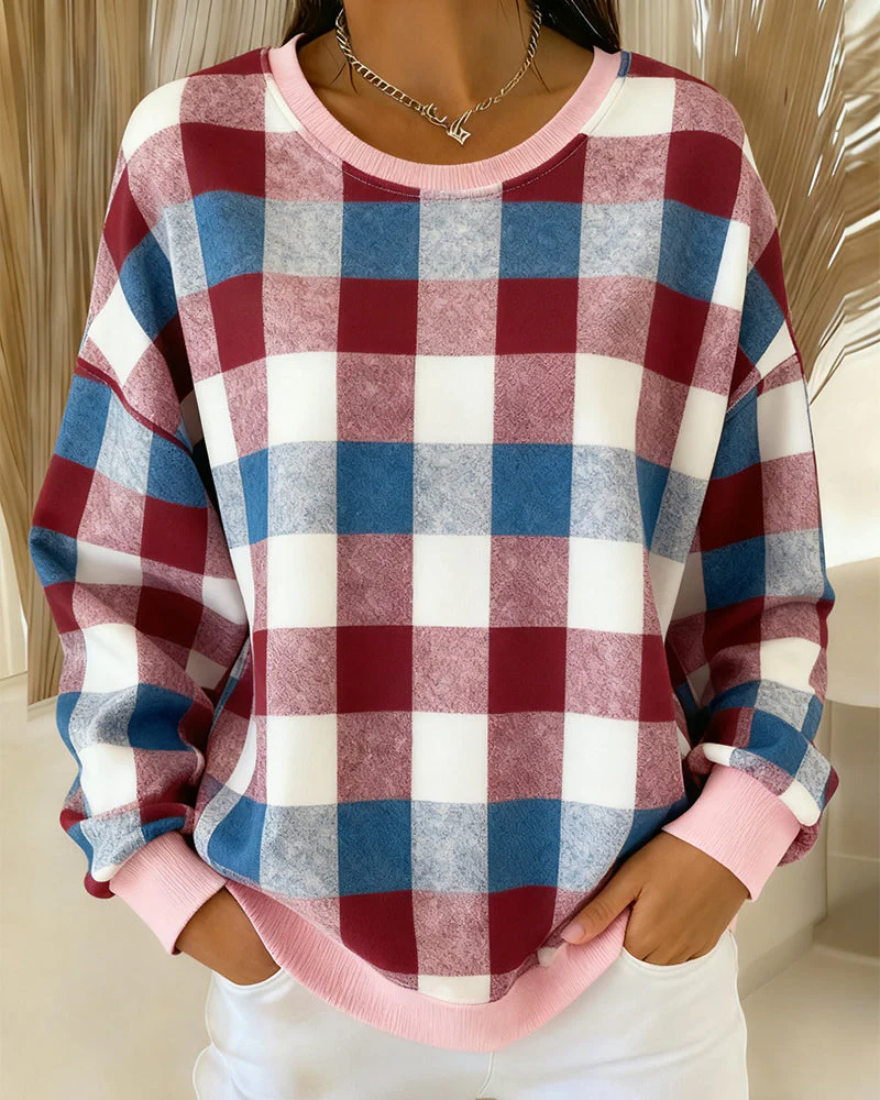 Round Neck Plaid Sweatshirt - Image 3