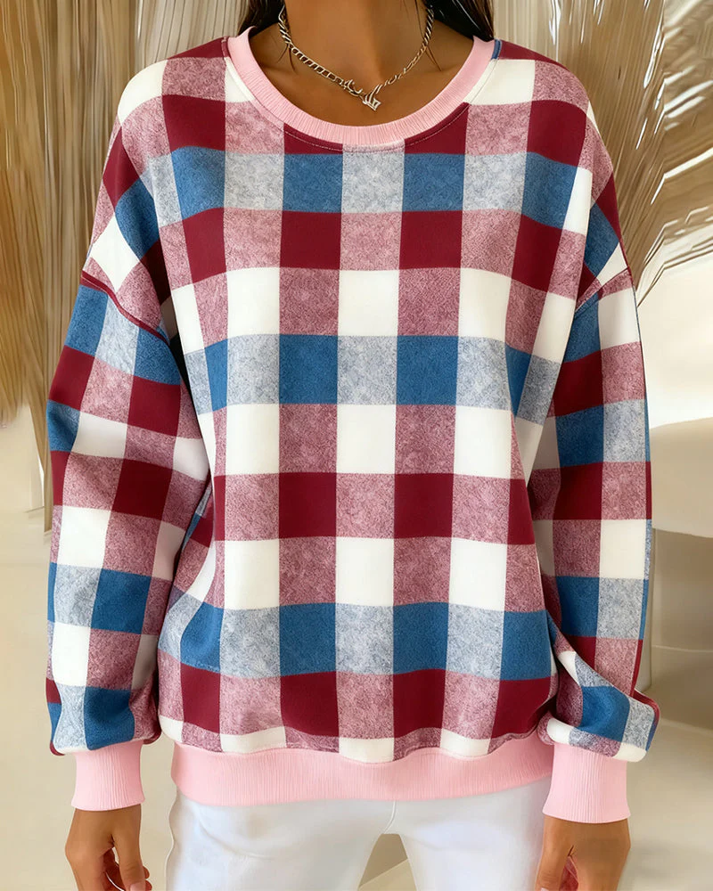 Round Neck Plaid Sweatshirt - Image 8