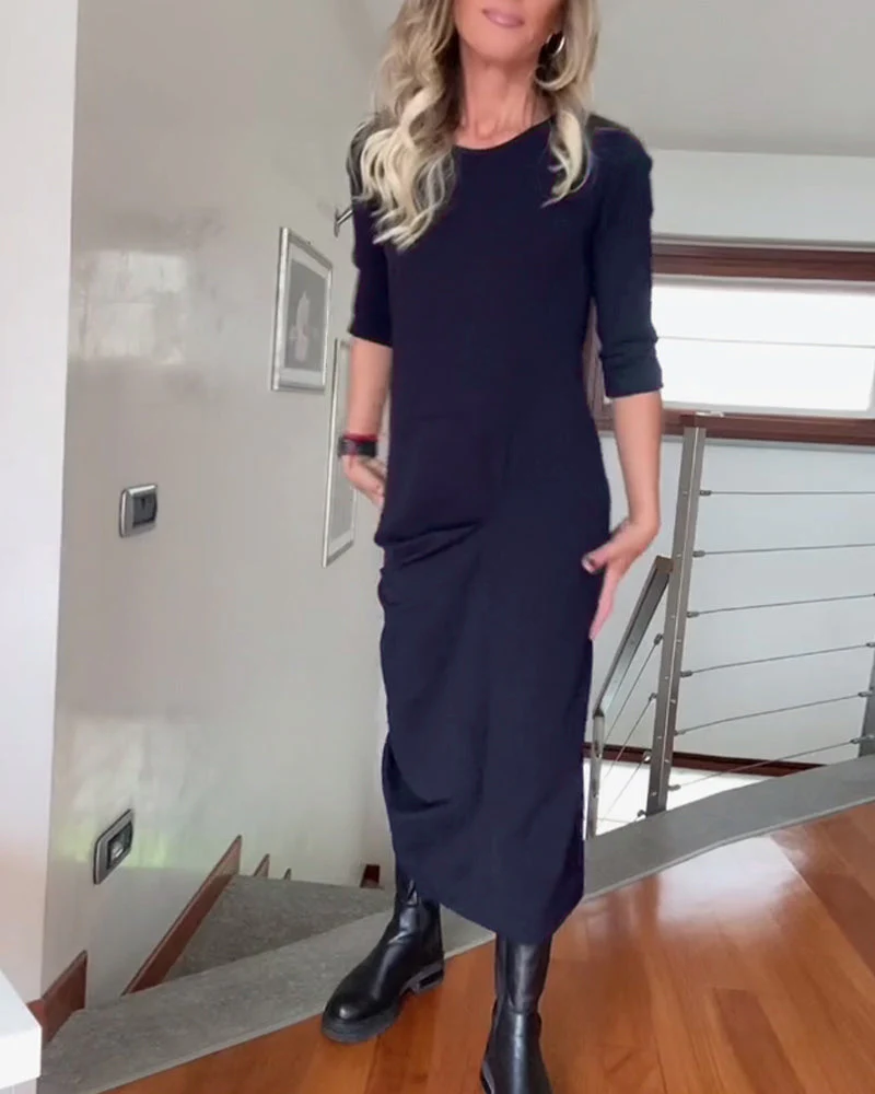 Round neck pleated solid color elegant dress - Image 11