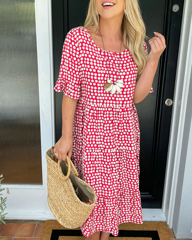 Round neck polka dot print midi dress - Image 49