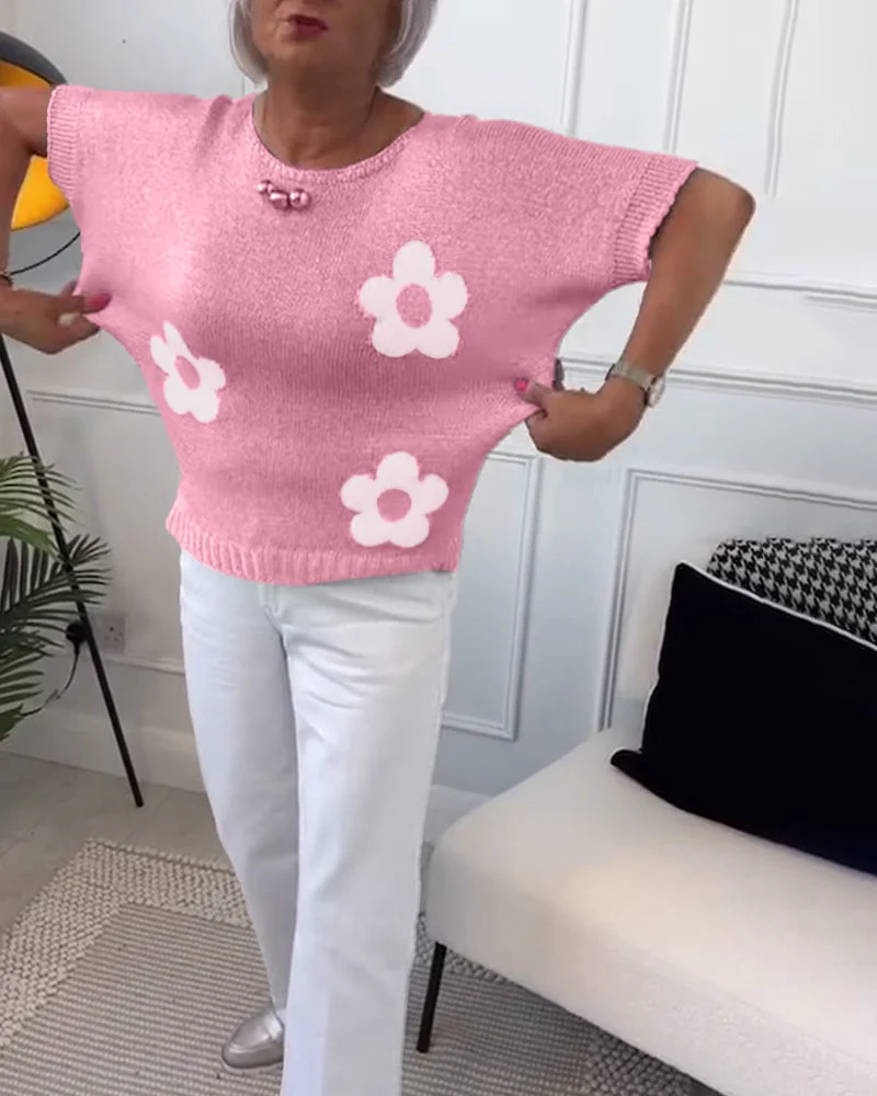 Round Neck Slim Floral Pullover Sweater - Image 2