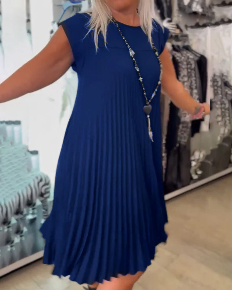 Round neck solid color pleated casual dress - Image 28