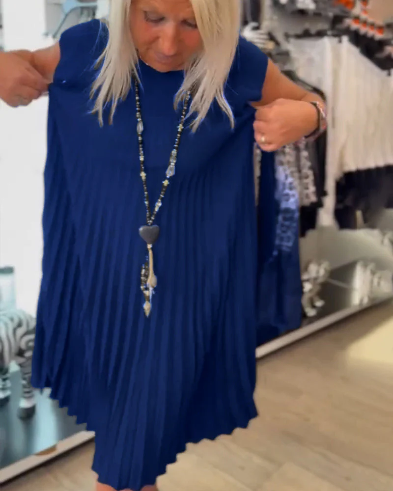 Round neck solid color pleated casual dress - Image 29