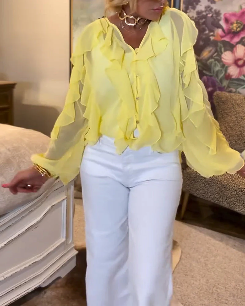 Ruffled Flowy Solid Color Shirt - Image 10