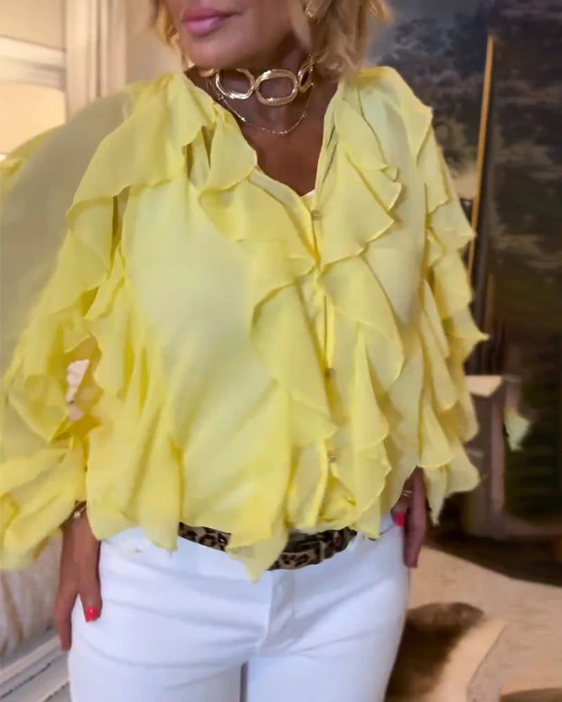 Ruffled Flowy Solid Color Shirt - Image 11
