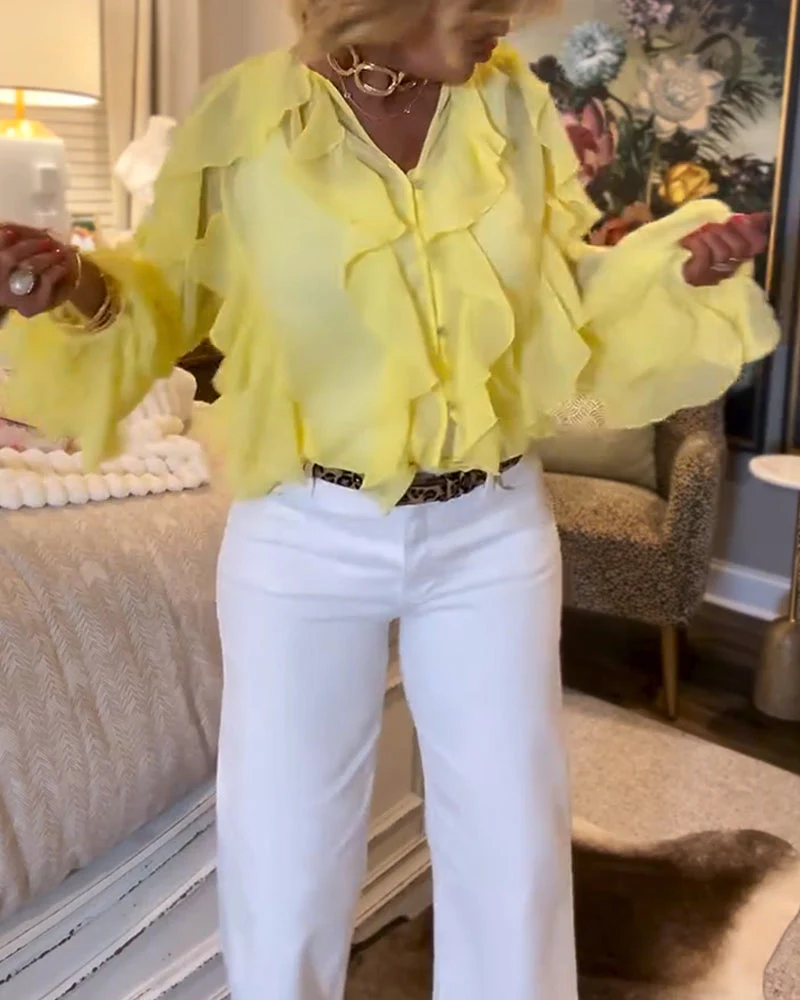 Ruffled Flowy Solid Color Shirt - Image 12