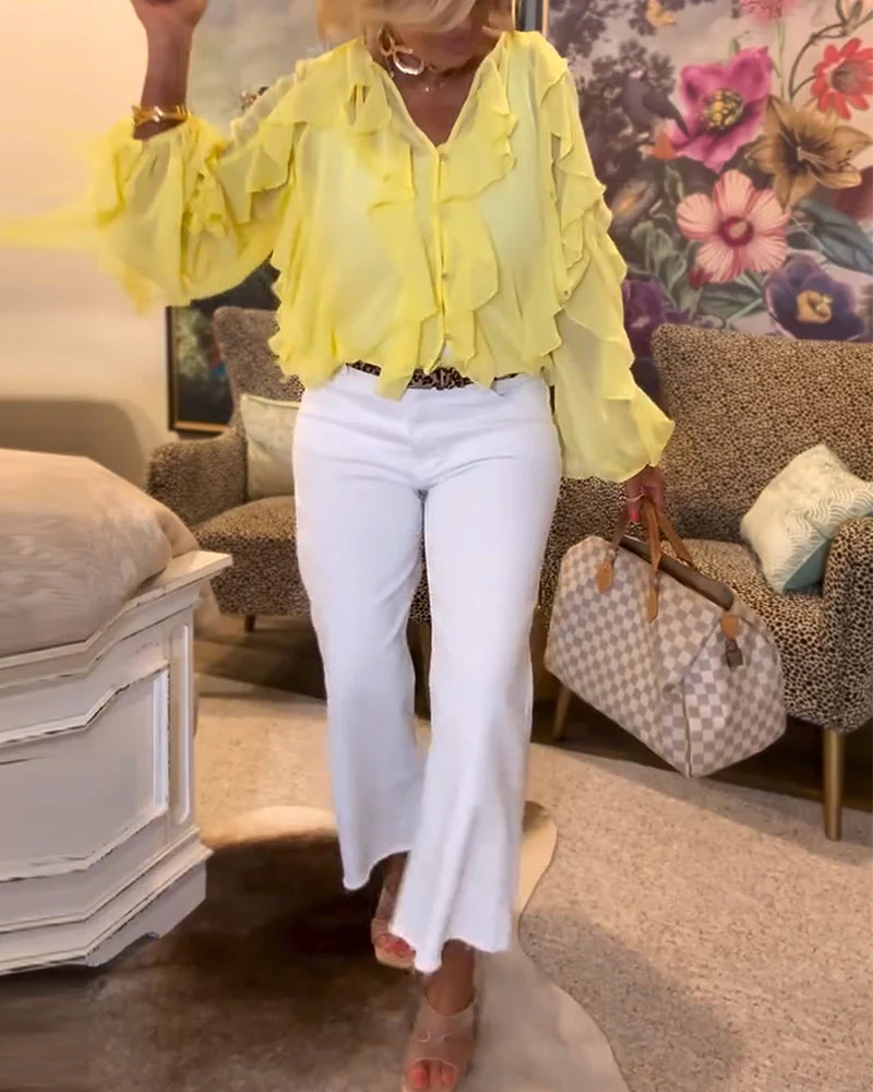 Ruffled Flowy Solid Color Shirt - Image 13