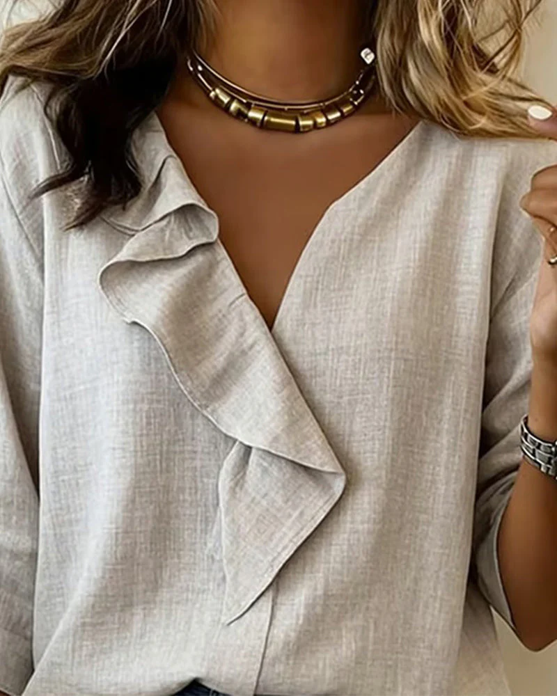 Ruffled Solid-Color Long-Sleeved Blouse - Image 11