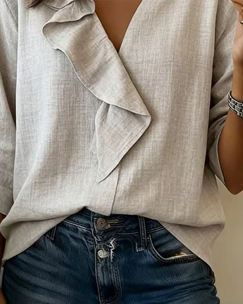 Ruffled Solid-Color Long-Sleeved Blouse - Image 14