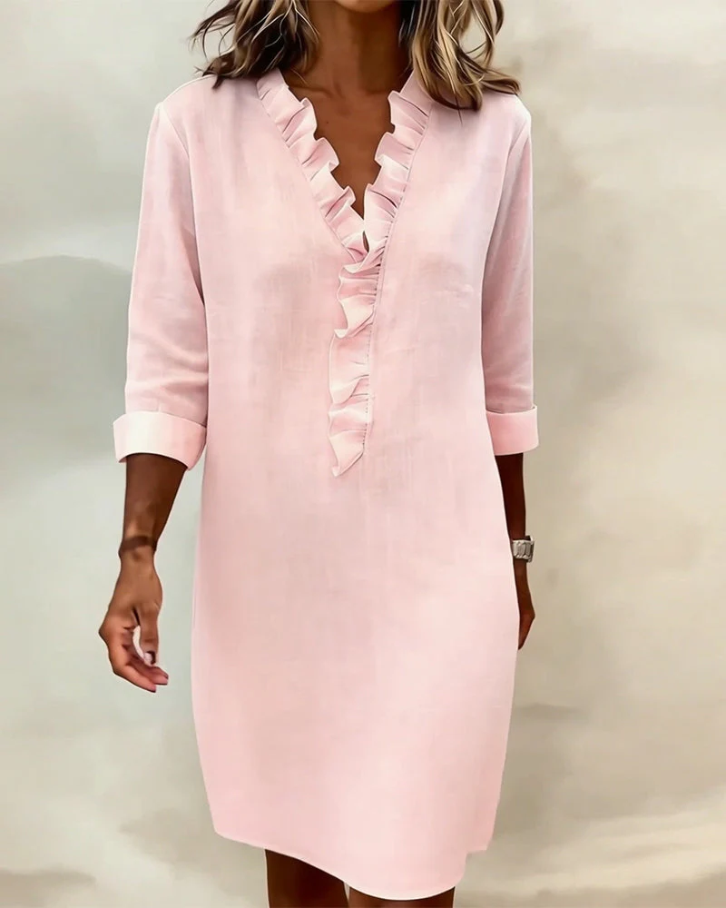 Ruffled V-Neck Solid Color Dress - Image 2