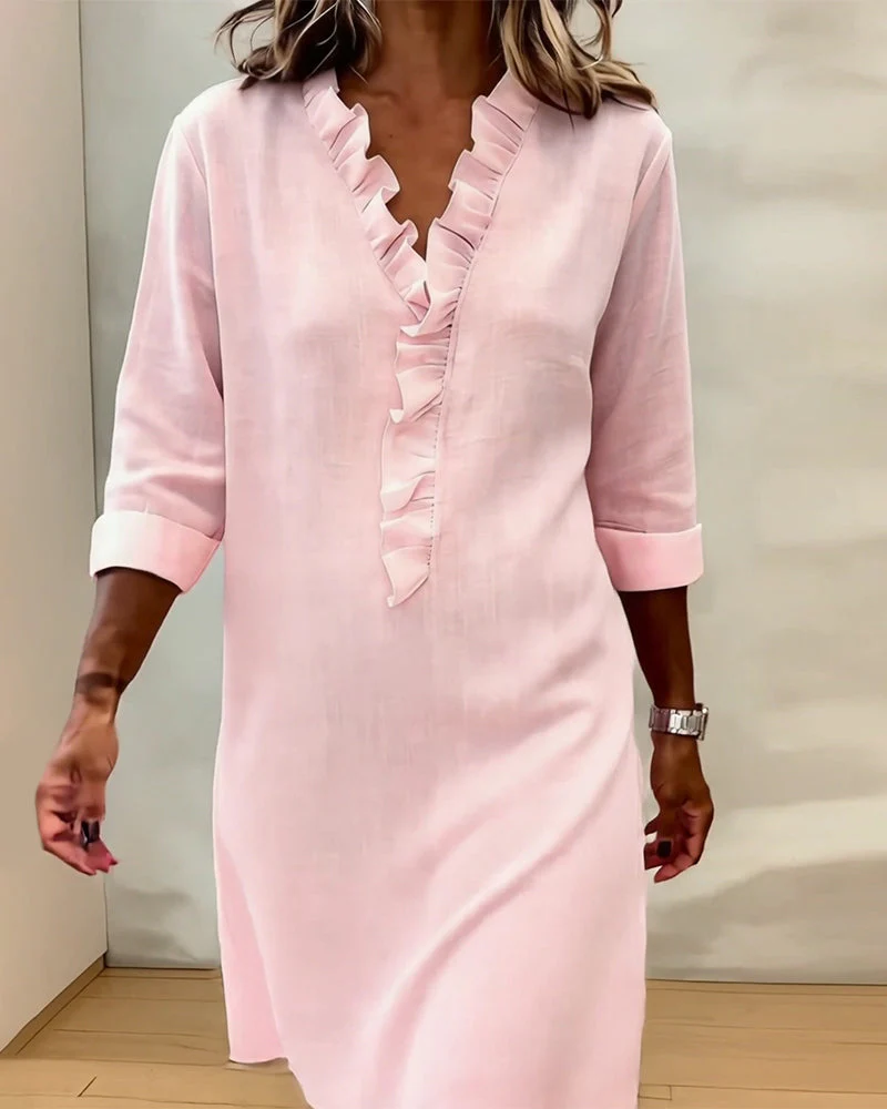 Ruffled V-Neck Solid Color Dress - Image 3