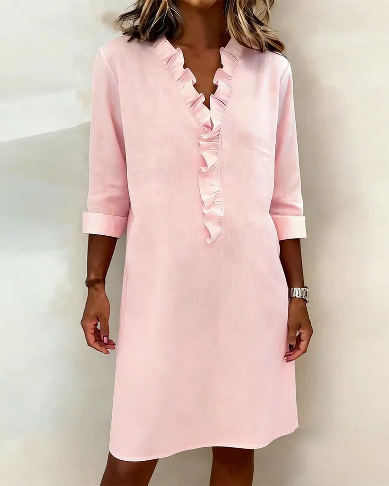 Ruffled V-Neck Solid Color Dress - Image 4