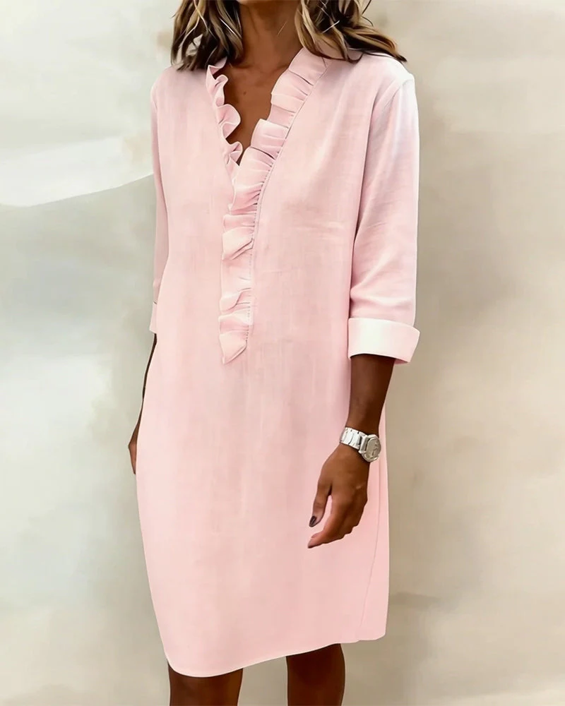 Ruffled V-Neck Solid Color Dress - Image 5