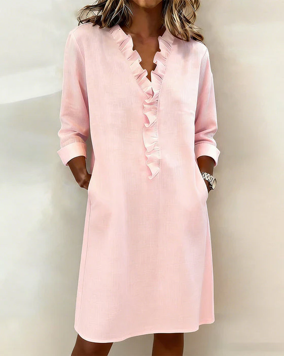 Ruffled V-Neck Solid Color Dress - Image 6