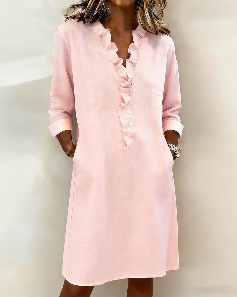 Ruffled V-Neck Solid Color Dress - Image 7