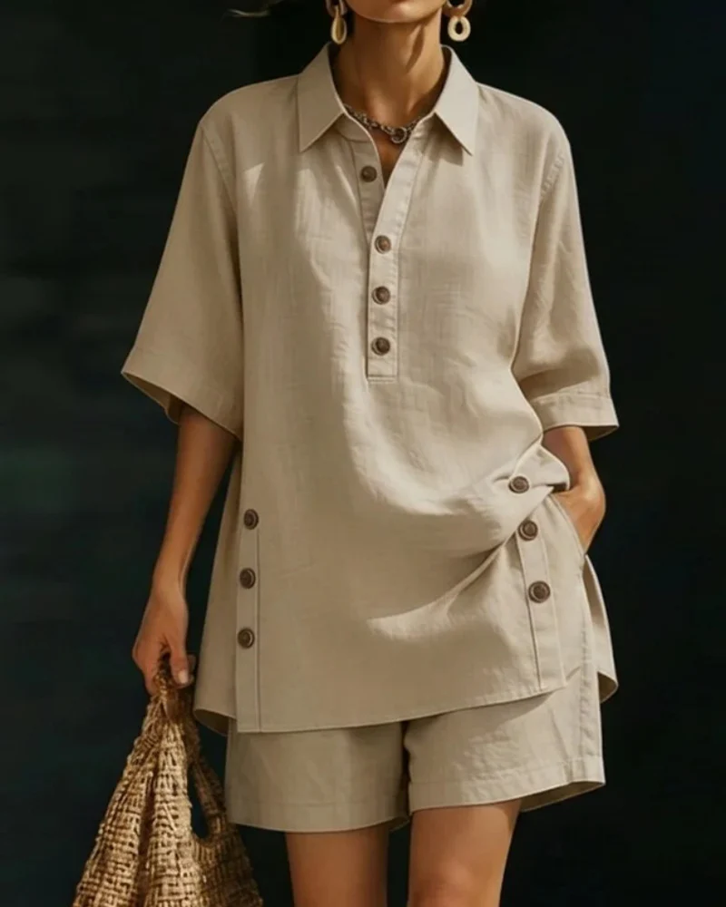 Shirt Collar Half-Placket Casual Two-Piece Set - Image 4