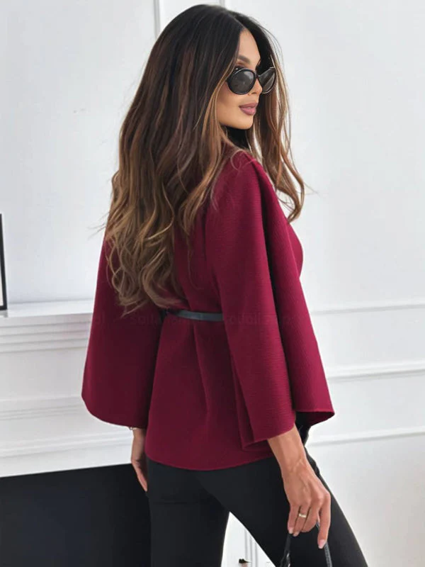 Short Red Poncho Coat with Batwing Sleeves - Image 4