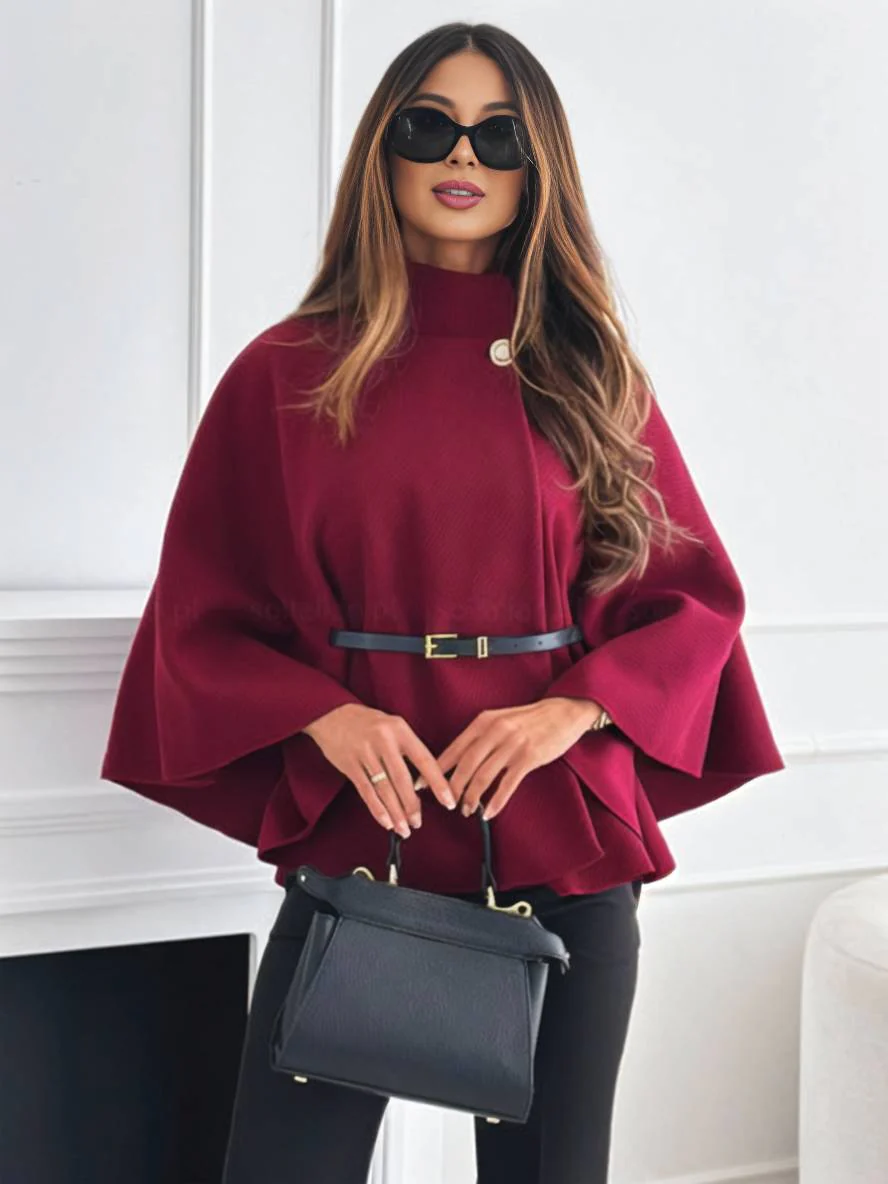 Short Red Poncho Coat with Batwing Sleeves - Image 8