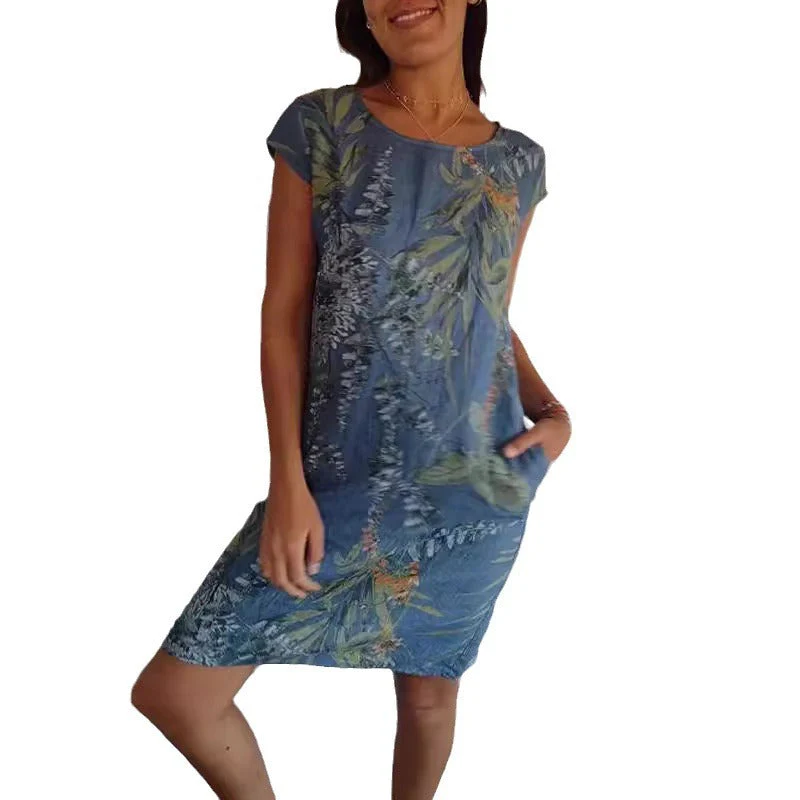 Short Sleeve Printed Pocket Crew Dress - Image 20