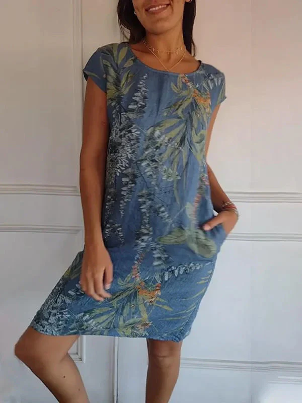 Short Sleeve Printed Pocket Crew Dress - Image 24