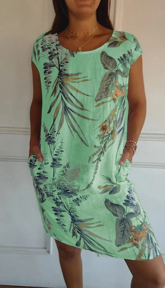 Short Sleeve Printed Pocket Crew Dress - Image 25