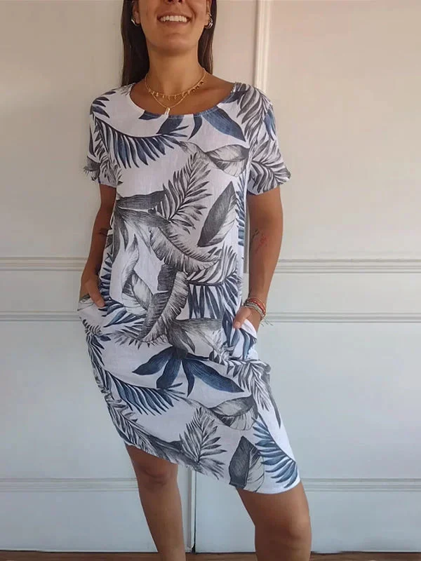 Short Sleeve Printed Pocket Crew Dress - Image 28