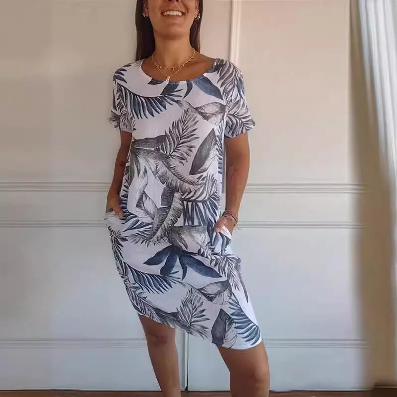 Short Sleeve Printed Pocket Crew Dress - Image 3