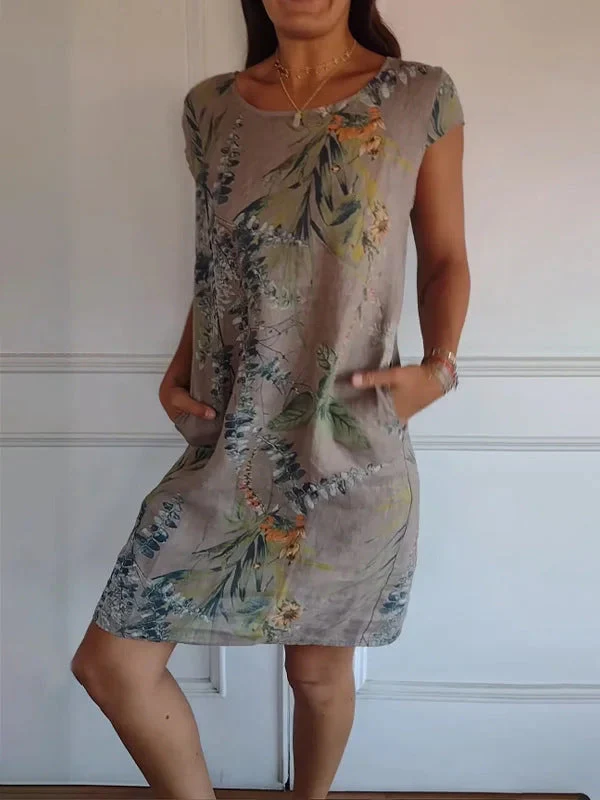Short Sleeve Printed Pocket Crew Dress - Image 35