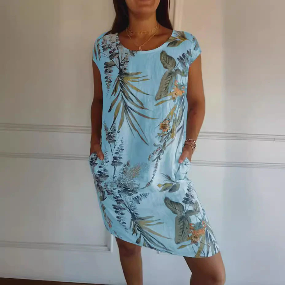 Short Sleeve Printed Pocket Crew Dress - Image 5