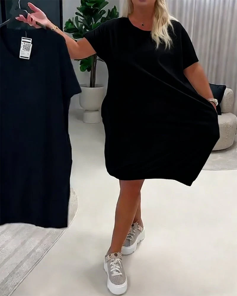 Short Sleeve Round Neck Loose-Fit Dress - Image 3