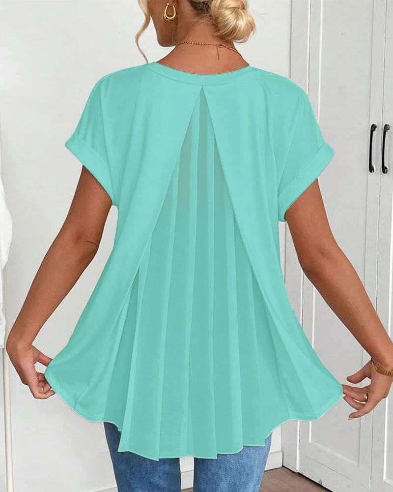Short-Sleeved Solid Color Patchwork T-Shirt - Image 11