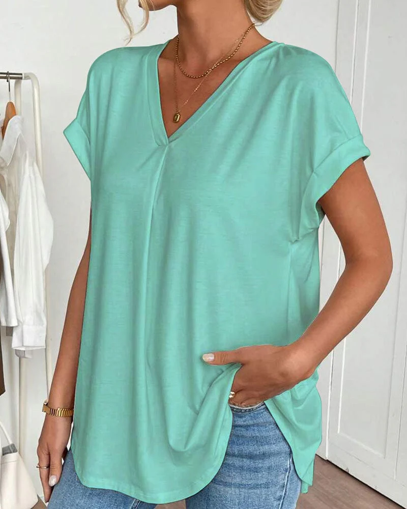 Short-Sleeved Solid Color Patchwork T-Shirt - Image 12
