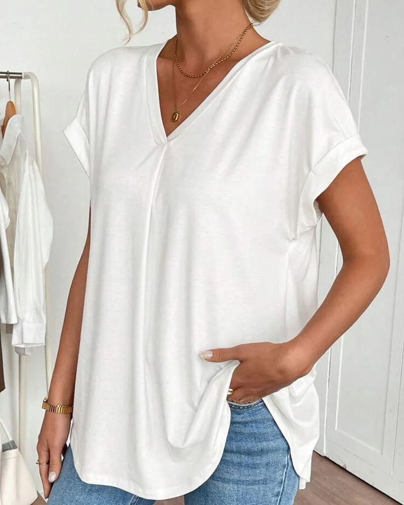 Short-Sleeved Solid Color Patchwork T-Shirt - Image 2