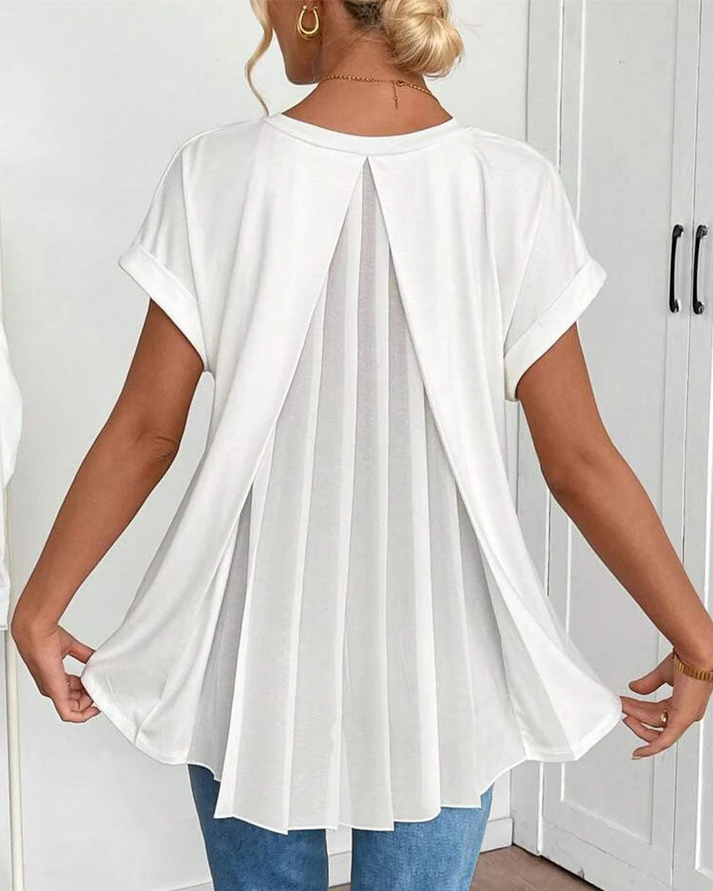 Short-Sleeved Solid Color Patchwork T-Shirt - Image 3